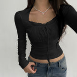 Pure Lace Pleated Chest-Shaped Slim Long-Sleeved T-Shirt 2025 New Style