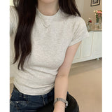 Basic T-Shirt With Shoulder, Round Neck And Short Sleeves, New Slim, High-Waisted, Short-Color Blouse For Women In Spring And Summer