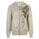 2025 Women's Dress Ins Autumn And Winter Street Hot Girls Retro Printed Zipper Hoodie Hooded Coat Woman