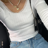 Autumn And Winter Women's Wear 2025Ins Street Trend Sweet Lace Lace Knitted Long-Sleeved T-Shirt