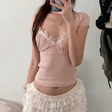 Pure Lace Splicing Chest Type Skinny Thread Knitted Blouse 2025 Square Neckline Lace Spicy T-Shirt Girl