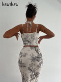 Znbbw Women Fashion Halter Printed Tank Tops Camis Midi Skirt Two Piece Sets Suits Outfits 2023 Summer Clothes Streetwear