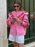 Znbbw Print Doll Collar Shirts Women Casual Loose Single-breasted Long Lantern Sleeve Blouses 2024 Spring Summer Lady Pink Top