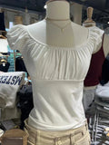 Znbbw White Folds Slim Tees Harajuku Cute Scoop Neck Soft Cotton Puff Sleeve T-shirts Vintage Solid Summer Balletcore Tops Women