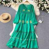 Znbbw Autum New Bohemian Holiday Style V Neck Dress Female Puff Sleeves Loose Large Version Mid-length Vestidos Women D1331