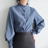 Znbbw Vintage Chiffon Shirts Women Lantern Sleeve Black Blouses Korean Elegant Office Lady Solid Loose Casual Tops New