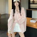 Znbbw Striped Print Shirts Women Loose Korean Long Sleeve Casual Button Top Y2K Female Summer Baggy All-Match Lapel Streetwear