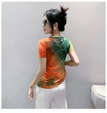 Znbbw Located Printing Floral Mesh Top Women O Neck Short Sleeve T Shirts Lady Elegant High Stretchy Tee T-Shirt