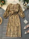 Znbbw Autumn Women's Party Dress Ins Temperament Vintage Waist Pleated Female Long Sleeve Sexy Dress GD226