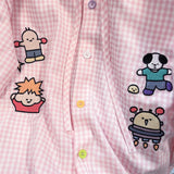 Znbbw Vintage Blouses Cartoon Embroidery Plaid Lace Up Tops Button Cardigan Summer Cute Sweet Peter Pan Collar Girl Shirts