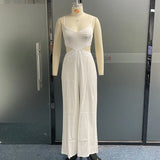 Znbbw Women Jumpsuit Summer Fashion Sexy Solid Suspenders V Neck Sleeveless Cutout Casual Wide Legs Pants Romper Streetwear