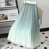 Znbbw Gradient Pleated Skirt Women High Waist Chic Elastic Mesh Midi Skirt Y2K Lady Fashion Loose Korean All-Match A Line Skirt