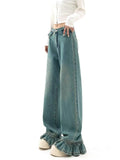 znbbw Ruffled Straight Jeans Women's Korean Baggy Loose High Waist Wdie Leg Washed Flare Denim Pants Mopping Trousers Female Y2K