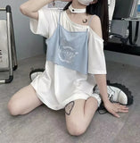 Znbbw Sweet Y2k Clothes Skew Collar Half Sleeve Fake Two Piece T Shirts Off Shoulder Letter Print Summer Harajuku Women Tops