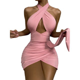 Znbbw Fashion Women Sexy Bandage Ruched Halter Slip Dress Sleeveless Backless Solid Bodycon Mini Dress Club Party Sheath Dress