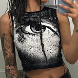 Znbbw Y2k E-girl Gothic Grunge Tank Top Rhinestone Eye Print Aesthetic Dark Academia Sleeveless Round Neck Crop Top Mini Vest