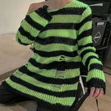 Znbbw Gothic Long Unisex Sweater Summer Women Striped Cool Hollow Out Hole Broken Jumper Loose Rock Thin Dark Streetwear Top