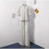 Znbbw Print Cotton Linen Women Pants Set Oversize Lantern Sleeve Lapel Top Lace Up Wide-leg Trousers 2024 Spring Lady Suits