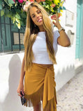 Znbbw High Waist Bodycon Tassel Mini Skirt Women Summer Spring Irregular Slit Brown Short Bowknot Skirt Ladies Bottoms Brown