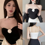 Znbbw Women's Korean Version Solid Color Neck Strap Slim Fitting Sexy Knitted Sleeveless Strapless Tank Top