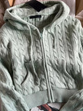 Znbbw Twist Knitted Hooded Cardigan Women Autumn Casual Cotton Ribbed Trim Zip-up Sweater Vintage Streetwear Cropped Tops Coat