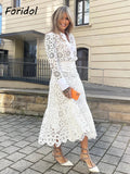 Znbbw Women Summer White Lace Dress Set Hollow Out Embroidery Shirt Skirt 2 Pcs Robe Outfits Single Breasting Cotton Maxi Dress