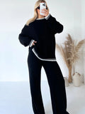 Znbbw Women's Knitwear Suit Autumn Winter Loose O-neck Long Sleeve Striped Pullover Soft High Waist Straight Pants Two-piece Suits