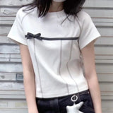Znbbw Y2k T Shirts Short Sleeve Bow Patchwork Aesthetics Female Slim Crop Tops Summer Preppy Style 2000s Design Girl Clothing