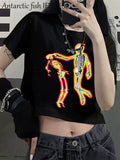 Znbbw Y2k tops skull print top Korean O-neck crop top 90s summer fashion punk casual aesthetic T-shirt vintage aesthetic top