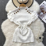 Znbbw Ruffles Short Sleeve Buttons Sweater Jumpers Girls Stretchy Chic Sweaters Pullovers Tops Women Knitted Tee Shirts