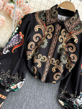 Znbbw Spring Autumn Fashion New Retro Blouse Female Field Totem Printing Lantern Sleeve Lapel Blusa All-match Shirt GK330