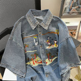 Znbbw Vintage Blouses Embroidery Turn Down Collar Short Sleeve Jean Shirts Summer Fashion All Match Tops Casual Women Clothes