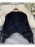 Znbbw Women Autumn Winter Cardigan Design Sense Lantern Sleeve Knitted Versatile Knitting Bow Tie Short Long Sleeve Shawl Top D2156