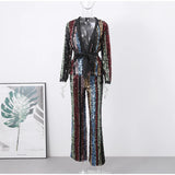 Znbbw Striped Sequins Women Pants Set Elegant Deep V Neck Lace Up Long Sleeve Coat Autumn High Waist Elastic Wide Leg Trouser