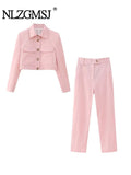 Znbbw TRAF Pink Two Piece Set Women Kawaii Sweet Party Long Pant Set Female Long Sleeve Blazer + Elegant Pant Suit 2023