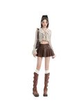 Znbbw Women's Coffee Leather Pleated Skirt Harajuku Y2k 2000s Vintage Mini Skirt 90s Aesthetic Streetwear Fashion A-Line Skirt Clothes