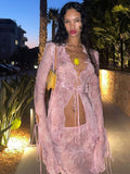 Znbbw Long Sleeve Top Maxi Skirt 2 Piece Sets Women Sexy Bodycon See Through Suit 2023 Female Beach Club Outfits