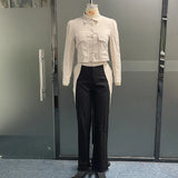 Znbbw Women Two Piece Set Summer Fashion Office Solid Lapel Patchwork Long Sleeve Top Casual With Pockets Pants Sets Streetwear