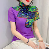 Znbbw Spring Print Tees Women Turtleneck Soft Short Sleeve T Shirts Lady Mesh Elegant Stretchy Tops Tees Female T-Shirt