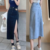 Znbbw Skirts Women A-line Solid Slim Side Slit Long High Waist Denim Skirt Wrap Hip Streetwear