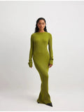 Znbbw Green Ribbed Knitted Dress For Women Fashion Long Sleeve Slim Sweater Dresses 2023 Autumn Winter Party Club Streetwear