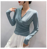 Znbbw Spring Crossed V Neck Folds T Shirts Lady Long Sleeve High Stretch Tops Elegant Soft Tee Shirt For Woman HF8705