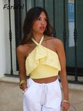 Znbbw Women Yellow Lace Halter Sexy Top Knitted Elastic Ruffles Hollow Out White Crop Top Summer Autumn Cotton Camis 2024