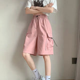 Znbbw Thin Cargo Shorts Women Y2K Loose Fashion Drawstring Pocket Shorts Bf Baggy Korean Streetwear Wide Leg Knee-Length Pants