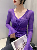 Znbbw V-neck Jacquard Flare Long Sleeve T-shirt Women's See Throught Pleated Cropped Slim Fit T Shirts Tops BH1906