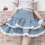 Znbbw Sweet Y2k Skirts Ruffles Lace Patchwork Bandage Design Denim Mini Skirt Summer Korean All Match Kawaii Girl Clothing