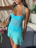 Znbbw Women Lace Halter Tie Up Tank Tops Sexy Low Cut See Through Backless Patchwork Tops Fairy Grunge Vest Tops Streetwear