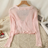 Znbbw Ruffles Cardigan Slim Women Casual Transparent Sweater Shirts Lady Thin Solid Coats Female Crop Top