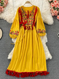 Znbbw Ethnic Style New Embroidery Dress Tassel Lace Cotton and Linen Vestidos Female V-neck Puff Sleeve Midi Dress GK857