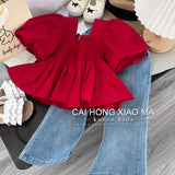 Znbbw Girls Clothes Set New Fashion Girls Baby Short Sleeve Top Jeans Two Piece Spring Summer Children's Clothing Set